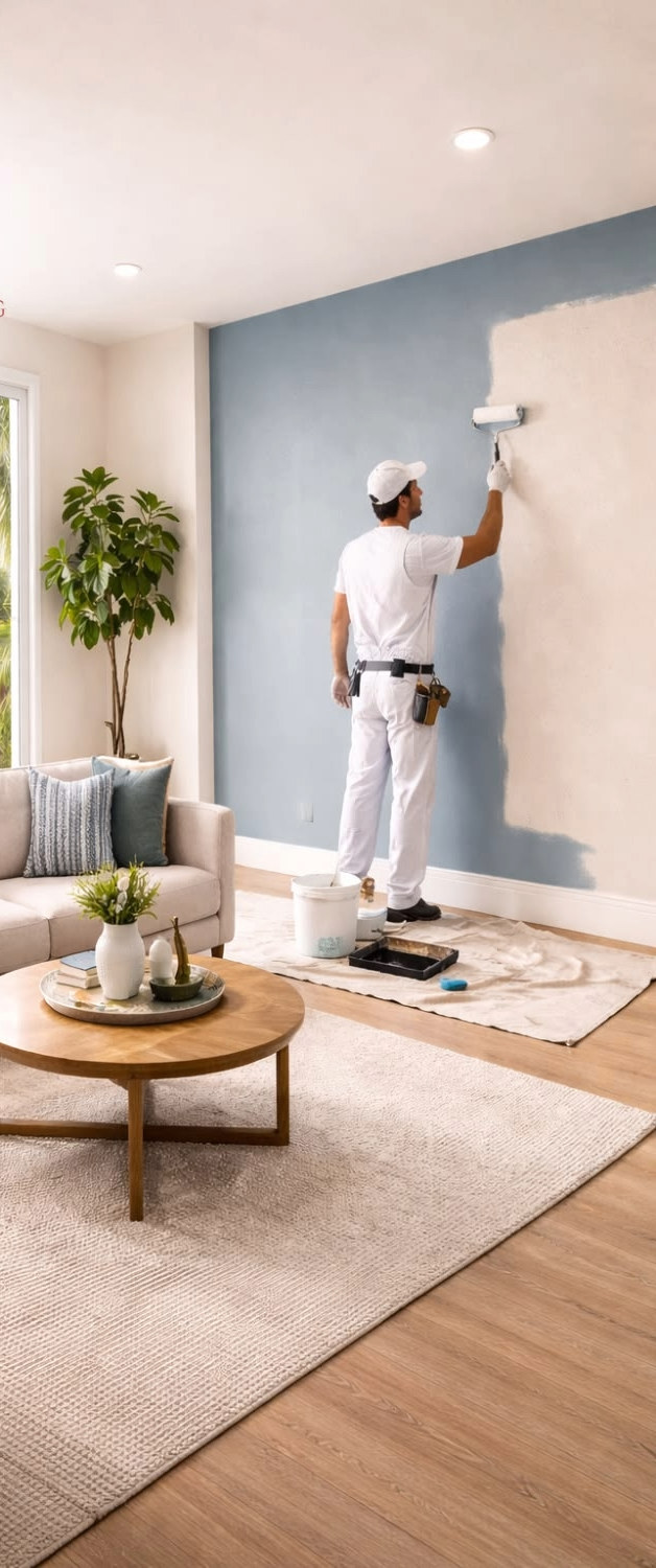 Professional painter transforming a living room with a beautiful accent wall